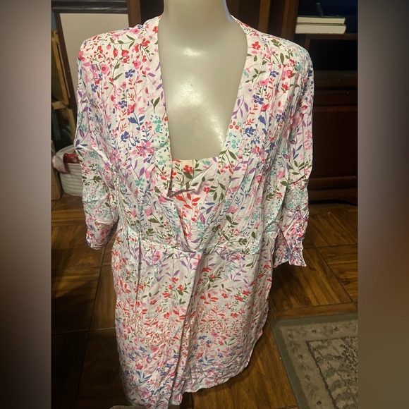 Woman Within Tops - Woman Within Floral Print Blouse - Pink, Red, Green